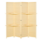 HOMCOM 4-Panel Folding Room Divider, 6 ft Freestanding Bamboo Privacy Screen Panel with Storage Shelves for Bedroom or Office, Natural Wood Color W2225P156391
