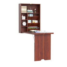 HOMCOM Wall Mounted Desk, Fold Out Convertible Desk, Multi-Function Computer Table Floating Desk with Shelves for Home Office, Mahogany W2225P156393