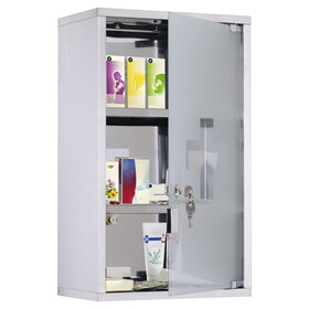kleankin Wall Mounted Medicine Cabinet, Locking Wall Cabinet with 3 Tier Shelves, Stainless Steel Frame and Glass Door, Lockable with 2 Keys, Silver, 12" x 20" W2225P156398