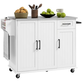 HOMCOM Kitchen Island with Storage, Rolling Kitchen Island on Wheels with Drawer, 3 Cabinets, Stainless Steel Countertop, Spice Rack and Towel Rack, White W2225P157908