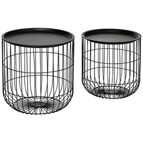 HOMCOM Nesting Coffee Tables, Round Coffee Table Set of 2 with Steel Wired Basket Body and Removable Top, Stacking End Tables Blanket Storage for Living Room, Black W2225P160344