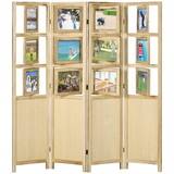 HOMCOM 4 Panel Room Divider, 5.6' Indoor Wood Portable Folding Privacy Screens with Photo Frames and Cardstocks, Hinged Freestanding Partition Wall Dividers for Home Office, Natural W2225P160345
