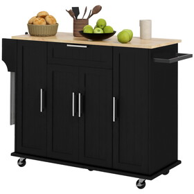 HOMCOM Kitchen Island on Wheels, Rolling Kitchen Cart with Rubberwood Top, Drawer, Spice Rack, Towel Rack, Storage Cabinet with Inner Adjustable Shelves, Black W2225P160370