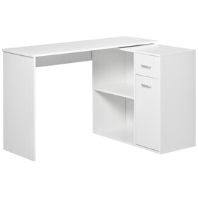 HOMCOM L Shaped Computer Desk, 180&#176; Rotating Corner Desk with Storage Shelves, Drawer and Cabinet, Study Workstation for Home Office, White W2225P160372