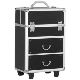 HOMCOM Rolling Makeup Train Case, Large Storage Cosmetic Trolley, Lockable Traveling Cart Trunk with Folding Trays, Swivel Wheels and Keys, Black W2225P160431