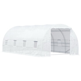 Outsunny 20' x 10' x 7' Walk-in Tunnel Greenhouse, Garden Warm House, Large Hot House Kit with 8 Roll-up Windows & Roll Up Door, Steel Frame, White W2225P164056