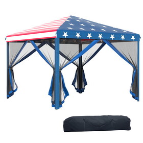 Outsunny 10' x 10' Pop Up Canopy Tent with Netting, Instant Gazebo, Ez up Screen House Room with Carry Bag, Height Adjustable, for Outdoor, Garden, Patio, American Flag W2225P164065