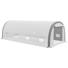 Outsunny 19.5' x 10' x 6.5' Walk-in Tunnel Greenhouse with Upgraded Structure, Zippered Roll Up Mesh Door, 8 Mesh Windows, Warm Tent Gardening Green House with 15 Plant Labels, Gloves, White