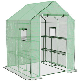 Outsunny 4.6' x 4.7' Portable Greenhouse, Water/UV Resistant Walk-in Small Outdoor Greenhouse with 2 Tier U-Shaped Flower Rack Shelves, Roll Up Door & Windows, Green W2225P164094