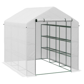 Outsunny Walk-in Greenhouse for Outdoors with Roll-up Zipper Door, 18 Shelves, PE Cover, Small and Portable Green House, Heavy Duty Humidity Seal, 95.25" x 70.75" x 82.75", White W2225P164118