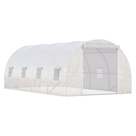 Outsunny 19' x 10' x 7' Walk in Tunnel Greenhouse with Zippered Door & 8 Mesh Windows, Large Heavy Duty Garden Hot House Kit, Galvanized Steel Frame, White W2225P164126