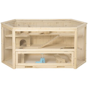 PawHut Wooden Large Hamster Cage Small Animal Exercise Play House 3 Tier with Tray, Seesaws, Water Bottle, Activity Center, Natural W2225P166267