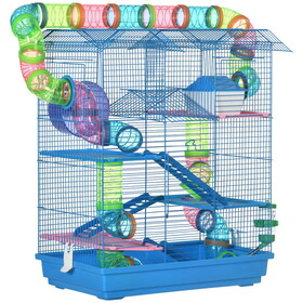 PawHut 18.5" 5 Tier Hamster Cage with Tubes and Tunnels, Small Animal Cage, Rat Gerbil Cage with Water Bottle, Food Dish, Exercise Wheel, Blue W2225P166269