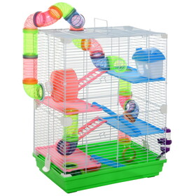 PawHut 18" 5 Tier Hamster Cage with Tubes and Tunnels, Small Animal Cage with Portable Carry Handle, Rat Gerbil Cage with Water Bottle, Food Dish, Exercise Wheel W2225P166270