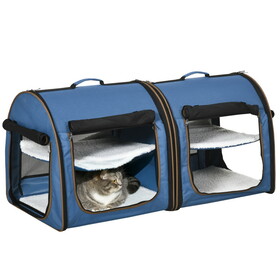 PawHut 39" Portable Soft-Sided Pet Cat Carrier with Divider, Two Compartments, Soft Cushions, & Storage Bag, Blue W2225P166273