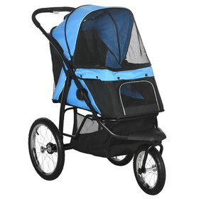 PawHut Pet Stroller for Small and Medium Dogs, 3 Big Wheels Foldable Cat Stroller with Adjustable Canopy, Safety Tether, Storage Basket, Blue W2225P166288