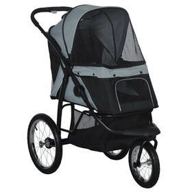 PawHut Pet Stroller for Small and Medium Dogs, 3 Big Wheels Foldable Cat Stroller with Adjustable Canopy, Safety Tether, Storage Basket, Gray W2225P166289