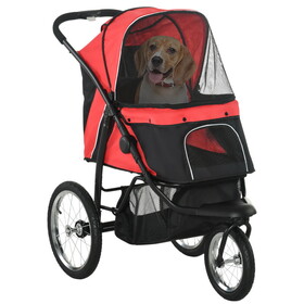 PawHut Pet Stroller for Small and Medium Dogs, 3 Big Wheels Foldable Cat Stroller with Adjustable Canopy, Safety Tether, Storage Basket, Red W2225P166290
