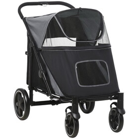 PawHut One-Click Foldable Doggy Stroller for Medium Large Dogs, Pet Stroller with Storage, Smooth Ride with Shock Absorption, Mesh Window, Safety Leash, Big Dog Walking Stroller, Gray W2225P166292