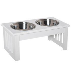 PawHut 6" Height Small Puppy Dog Feeding Station for Messy Pets, Stainless Steel Elevated Dog Bowls with Modern Wooden Frame, Dog Food Stand Pet Feeding Station, White W2225P166295
