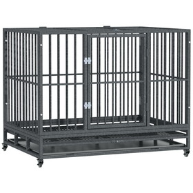 PawHut 43" Heavy Duty Dog Crate Metal Cage Kennel with Lockable Wheels, Double Door and Removable Tray, Grey W2225P166303