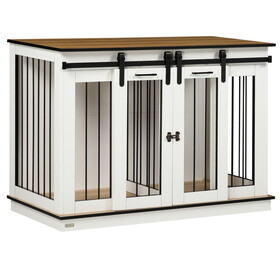 PawHut Dog Crate Furniture with Divider, Dog Crate End Table for Small to Large Dogs, Large Indoor Dog Kennel with Double Doors, 47"W x 23.5"D x 35"H, White W2225P166308
