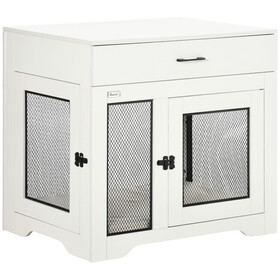 PawHut Dog Crate Furniture with Soft Water-Resistant Cushion, Dog Crate End Table with Drawer, Puppy Crate for Small Dogs Indoor with 2 Doors, White W2225P166312