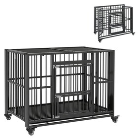 PawHut 43" Heavy Duty Dog Crate, Strong Steel Foldable Large Dog Crate with 4 Lockable Wheels, Double Doors, Openable Top and Removable Trays for Medium and Large Dogs, Black W2225P166313