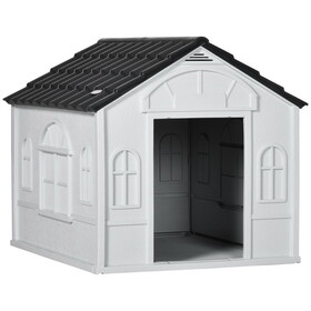 PawHut Plastic Dog House, Water Resistant Puppy Shelter Indoor Outdoor with Door, Easy to assemble, for Medium and Small Dogs, Gray W2225P166325