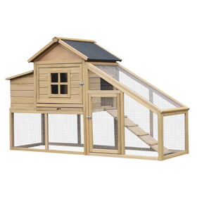 PawHut 69" Wooden Chicken Coop, Poultry Cage Hen House with Connecting Ramp, Removable Tray, Ventilated Window and Nesting Box, Natural W2225P166334