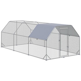 PawHut Large Chicken Coop Metal Chicken Run with Waterproof and Anti-UV Cover, Flat Shaped Walk in Fence Cage Hen House for Outdoor and Yard Farm Use, 1" Tube Diameter, 9.2' x 18.7' x 6.4'