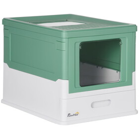 PawHut Fully Enclosed Cat Litter Box with Scoop, Hooded Cat Litter House with Drawer Type Tray, Foldable Smell Proof Cat Potty with Front Entry, Top Exit, Portable Pet Toilet with Large Space, Green