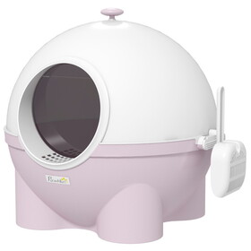 PawHut Hooded Cat Litter Box, Large Kitty Litter Pan with Lid, Scoop, Leaking Sand Pedal, Top Handle, Light Pink W2225P166350