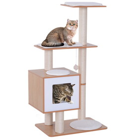 PawHut 47" Modern Cat Tree Multi-Level Scratching Post with Cube Cave Enclosure - Oak Wood and White W2225P166358