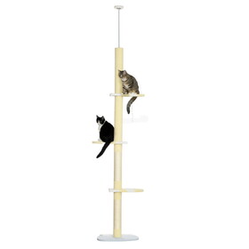 PawHut 4-Tier Tall Cat Tower, Floor to Ceiling Cat Tree, Height Adjustable 87 - 103 inch with Plush Platforms, Sisal Scratching Posts, Toy Ball for Indoor Cats, Yellow W2225P166364