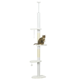 PawHut Floor to Ceiling Cat Tree with Scratching Posts, 88.5"-100.5" Adjustable Height, Cat Climbing Tower with Cloud Shape Platforms, Toy Balls, Anti-toppling Device, White W2225P166366