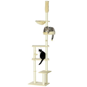 PawHut Floor to Ceiling Cat Tree, 90.5" - 98.5" Adjustable Height, Cat Climbing Tower with Carpeted Platforms, Cozy Bed, Hammock, Scratching Posts, Toy Balls, Activity Center for Kittens, Beige