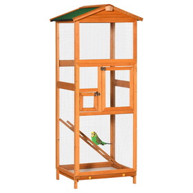PawHut 65" Wooden Bird Cage Outdoor Aviary House for Parrot, Parakeet, with Pull Out Tray and 2 Doors, Orange W2225P166373