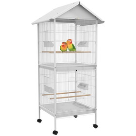 PawHut Wrought Metal Bird Cage Feeder with Rolling Stand Perches Food Containers Doors Wheels 67" H, White W2225P166374