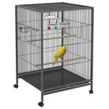Pawhut Metal Bird Cage with Stand for Parrots, Lovebirds, Finches, Large Bird Cage with Swing, Stainless Steel Bowls, Removable Tray for Small Birds, Gray W2225P166376