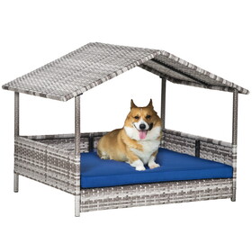 PawHut Wicker Dog House Outdoor with Canopy, Rattan Dog Bed with Water-resistant Cushion, for Small and Medium Dogs, Dark Blue W2225P166379