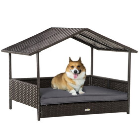 PawHut Wicker Dog House Outdoor with Canopy, Rattan Dog Bed with Water-resistant Cushion, for Small and Medium Dogs, Gray W2225P166380