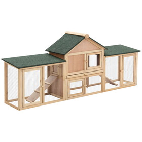 PawHut 83"L Outdoor Rabbit Hutch, Guinea Pig Cage Indoor Outdoor Wooden Bunny Hutch with Double Runs, Weatherproof Roof, Removable Tray, Ramps, Natural W2225P166384