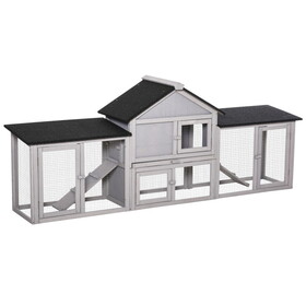 PawHut 83"L Outdoor Rabbit Hutch, Guinea Pig Cage Indoor Outdoor Wooden Bunny Hutch with Double Runs, Weatherproof Roof, Removable Tray, Ramps, Gray W2225P166385
