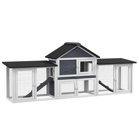 PawHut 83"L Outdoor Rabbit Hutch, Guinea Pig Cage Indoor Outdoor Wooden Bunny Hutch with Double Runs, Weatherproof Roof, Removable Tray, Ramps, Dark Gray W2225P166386