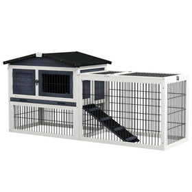 PawHut 2 Levels Outdoor Rabbit Hutch with Openable Top, 59" Wooden Large Rabbit Cage with Run Weatherproof Roof, Removable Tray, Ramp, Dark Gray W2225P166388