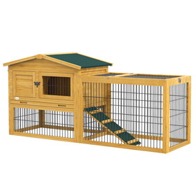 PawHut 2 Levels Outdoor Rabbit Hutch with Openable Top, 59" Wooden Large Rabbit Cage with Run Weatherproof Roof, Removable Tray, Ramp, Yellow W2225P166389