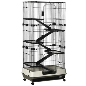 PawHut 60" Small Animal Cage with Wheels, 6-Level Portable Bunny Cage, Chinchilla Ferret Cage with Removable Tray, Platforms and Ramps, Black W2225P166404