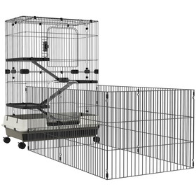 PawHut 45" Small Animal Cage with Wheels, 4-Level Portable Bunny Cage, Chinchilla Ferret Cage with Removable Tray, Platforms and Ramps, Black W2225P166405