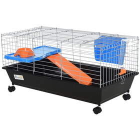 PawHut 35"L Small Animal Cage, Rolling Bunny Cage, Guinea Pig Cage with Food Dish, Water Bottle, Hay Feeder, Platform, Ramp for Ferret Chinchilla, Black W2225P166409